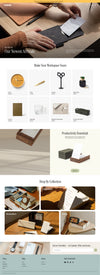 The Tinker theme in gold and moss green showcases a full-bleed hero image and handcrafted office items for sale.